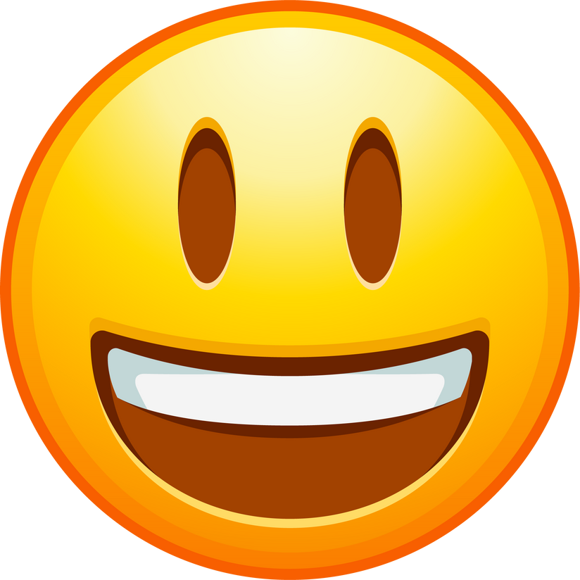 Dimpled smile emoji. Happy smiling emoticon, wide smiled yellow face.